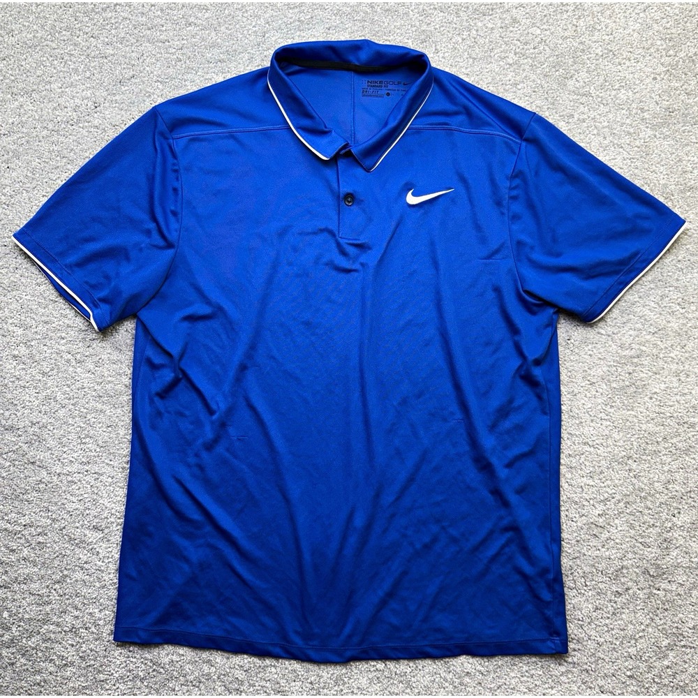 Nike Golf Mens Large Blue White Trim Dri Fit Performance Polo Golf Shirt